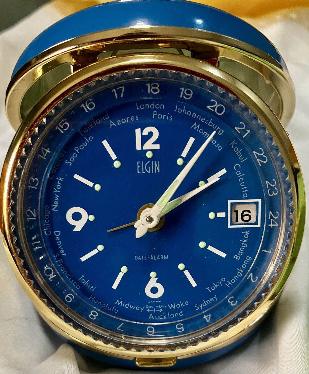 Vintage Elgin Blue World Time Travel Alarm Clock Luminous T8332 NOT WORKING
